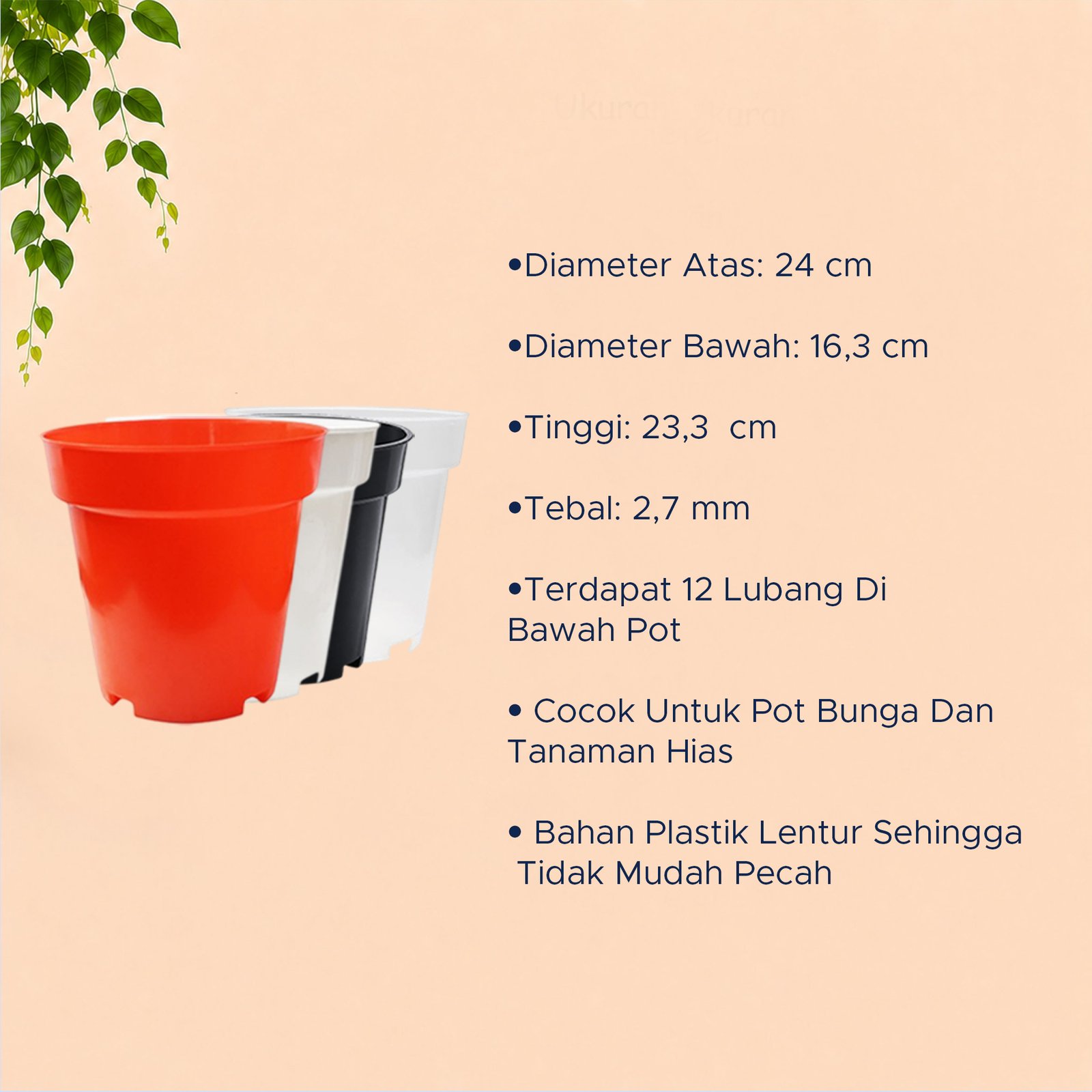 POT SRONDOL 25 Tumbuhan Tinggi Hias Bunga Batu Plastik Tebal dll Merah Bening Putih Hitam Diameter 24 atas Cm - Gambar 4