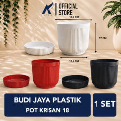 BUDI JAYA PLASTIK POT KRISAN 18 BJP Bunga Tanaman Tumbuhan + Tatakan Bawah Diameter atas 18,5 cm Hitam Putih Merah