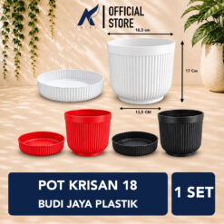 BUDI JAYA PLASTIK POT KRISAN 18 BJP Bunga Tanaman Tumbuhan + Tatakan Bawah Diameter atas 18,5 cm Hitam Putih Merah