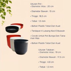 BUDI JAYA PLASTIK POT KRISAN 20 BJP Bunga Tanaman Tumbuhan + Tatakan Bawah Diameter atas 20 cm Hitam Putih Merah - Gambar 4