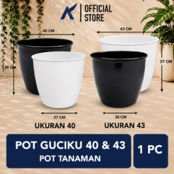 BUDI JAYA PLASTIK POT GUCIKU 40 43 Bunga Tanaman Tumbuhan BJP Model Keramik Polos Glossy Tebal Kuat + Roda Bawah Diameter 40 43 cm Hitam Putih