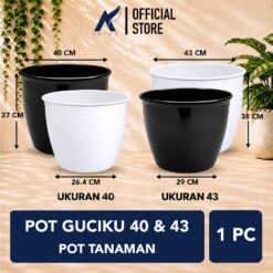 BUDI JAYA PLASTIK POT GUCIKU 40 43 Bunga Tanaman Tumbuhan BJP Model Keramik Polos Glossy Tebal Kuat + Roda Bawah Diameter 40 43 cm Hitam Putih