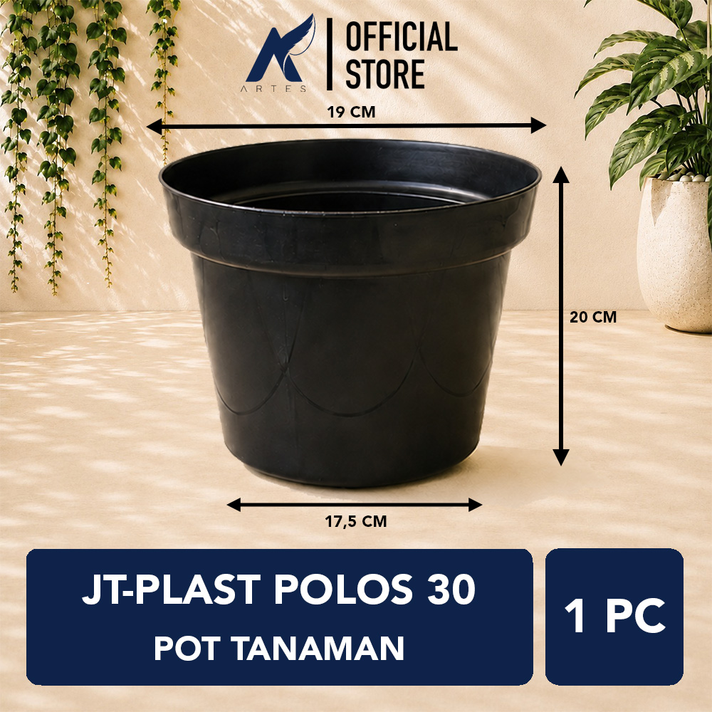 JT-PLAST POLOS 30 POT TANAMAN Bulat Tumbuhan Hias Bunga Daun dll Diameter Atas 19 cm centi meter Hitam