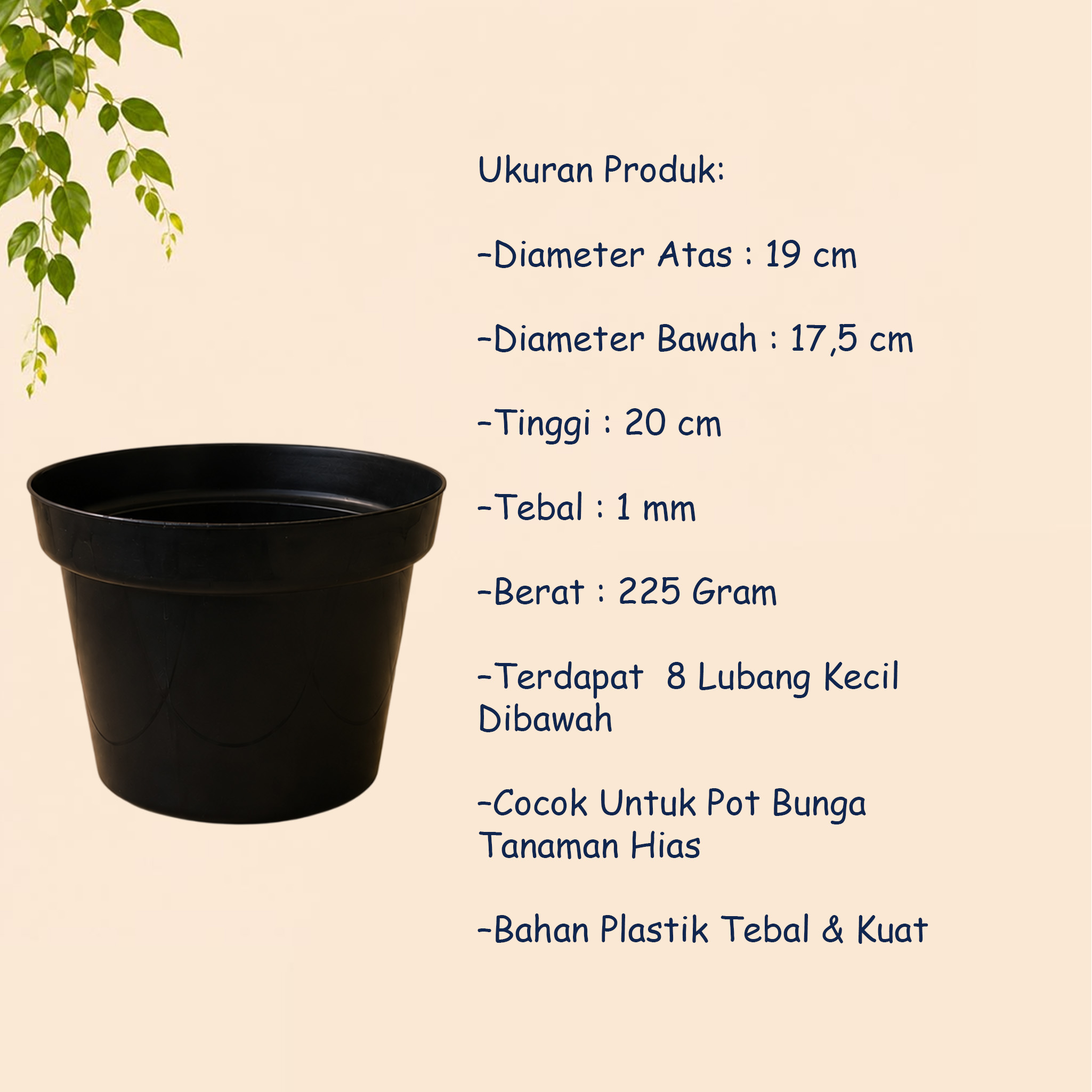 JT-PLAST POLOS 30 POT TANAMAN Bulat Tumbuhan Hias Bunga Daun dll Diameter Atas 19 cm centi meter Hitam - Gambar 4