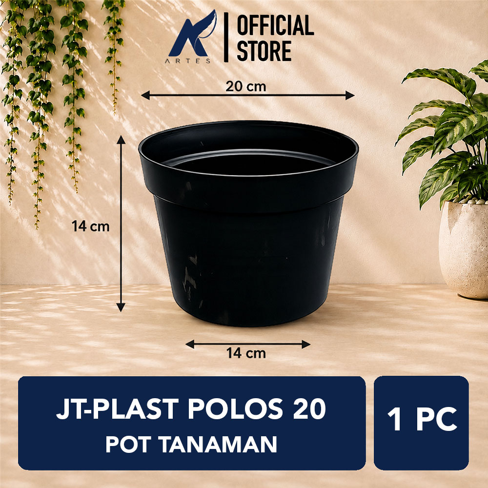 JT-PLAST POLOS 20 POT TANAMAN Tumbuhan Hias Bunga Daun Bulat Diameter atas 20 cm centimeter Hitam