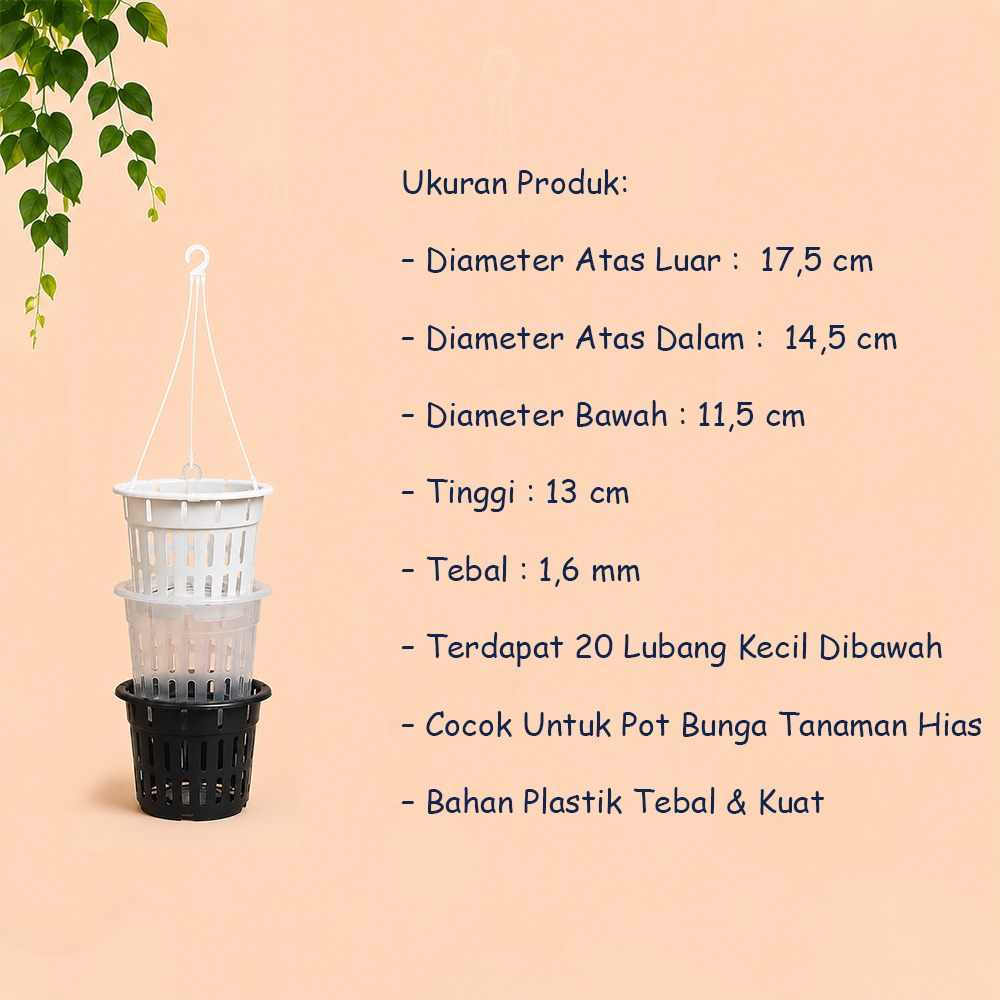 NKT NETPOT GANTUNG 17 POT TANAMAN Taneman Tumbuhan Bunga Anggrek Hidroponik Plastik Diameter 17,5 cm centi meter Bening Hitam Putih - Gambar 4