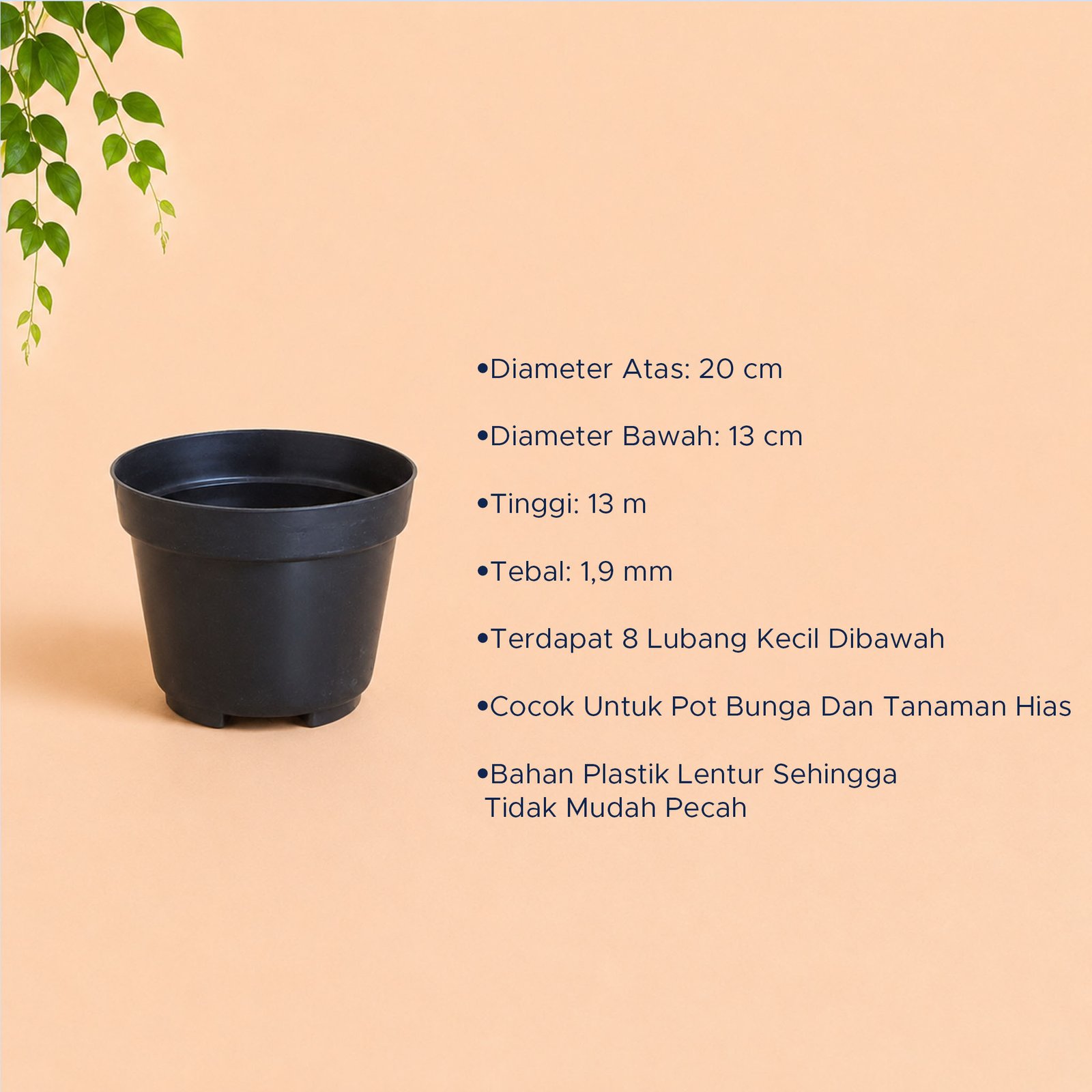 DUTAMA 20 POLOS POT TANAMAN Bulat Tumbuhan Hias Bunga dll Diameter Atas 20 cm centi meter Hitam - Gambar 4