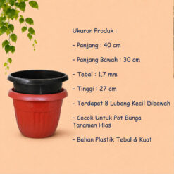 Glori Grace 40 Pot Tanaman Plastik Kuping Tumbuhan Hias Bunga Daun Hitam Merah Bata Diameter Atas 40 cm Centi meter - Gambar 4