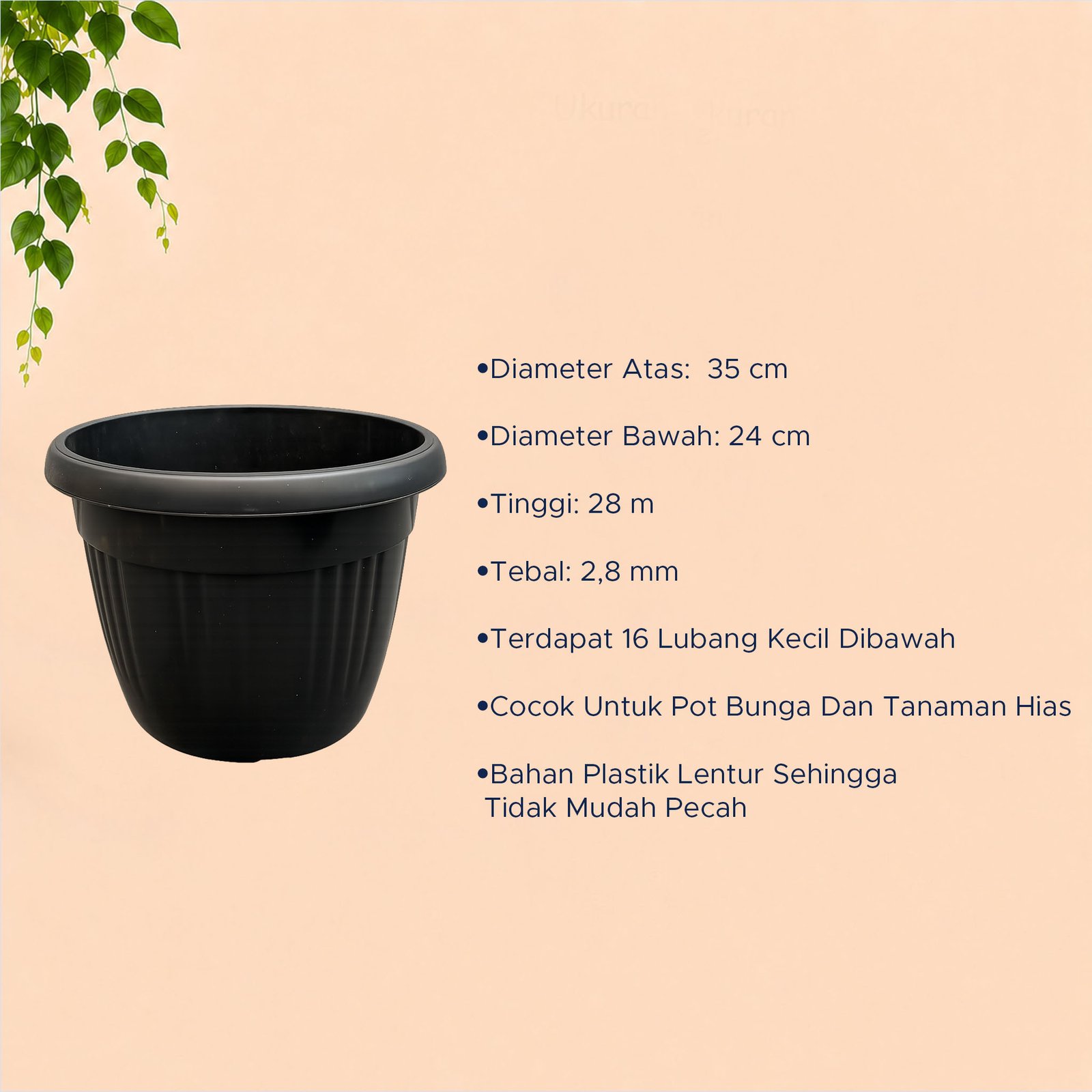 GRACE 35 POT TANAMAN Plastik Kuping Tumbuhan Hias Bunga Daun Diameter Atas 35cm Centi meter Hitam - Gambar 4
