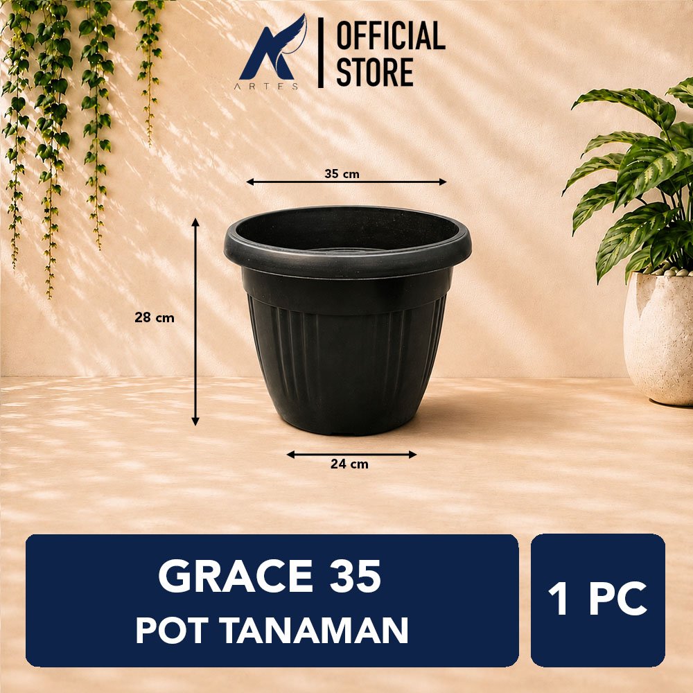 GRACE 35 POT TANAMAN Plastik Kuping Tumbuhan Hias Bunga Daun Diameter Atas 35cm Centi meter Hitam