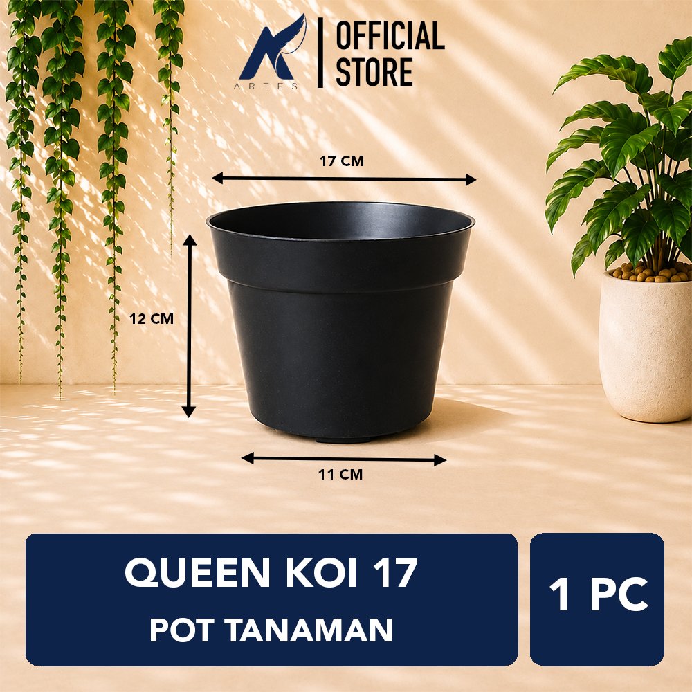 QUEEN KOI 17 POT TANAMAN Bulat Tumbuhan Hias Dekorasi Bunga Daun Diameter Atas 17 cm centi meter Hitam