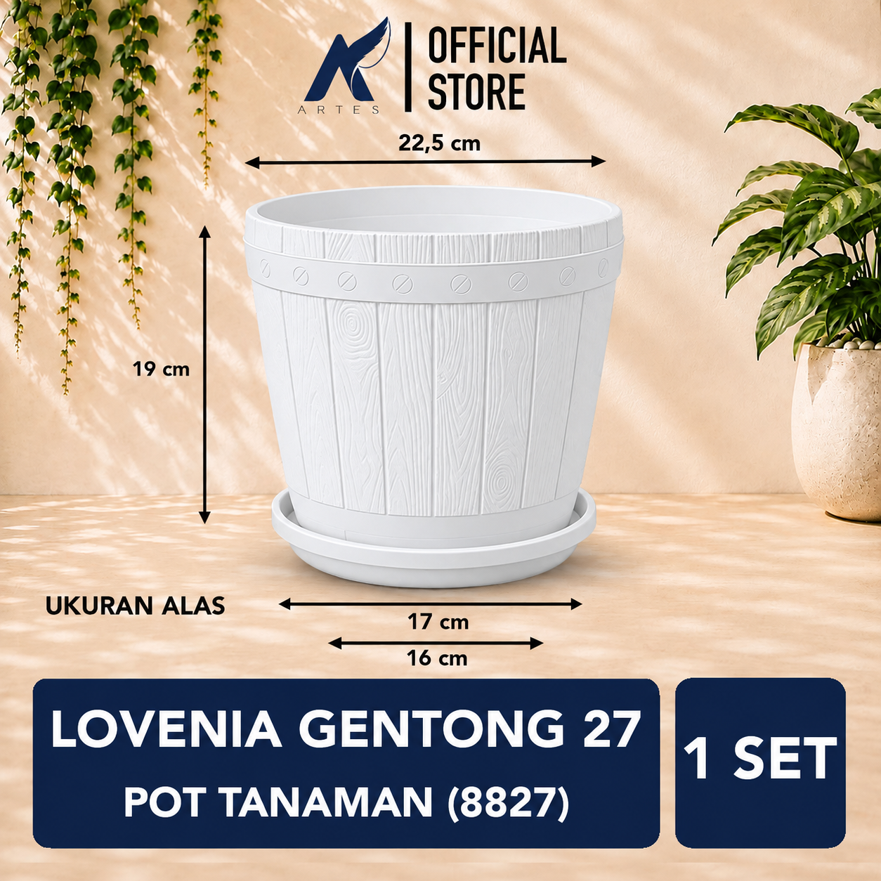 LOVENIA GENTONG 27 POT TANAMAN (8827) Plastik Tumbuhan Hias Bunga Daun Diameter Atas 22,5 cm Centi meter Putih