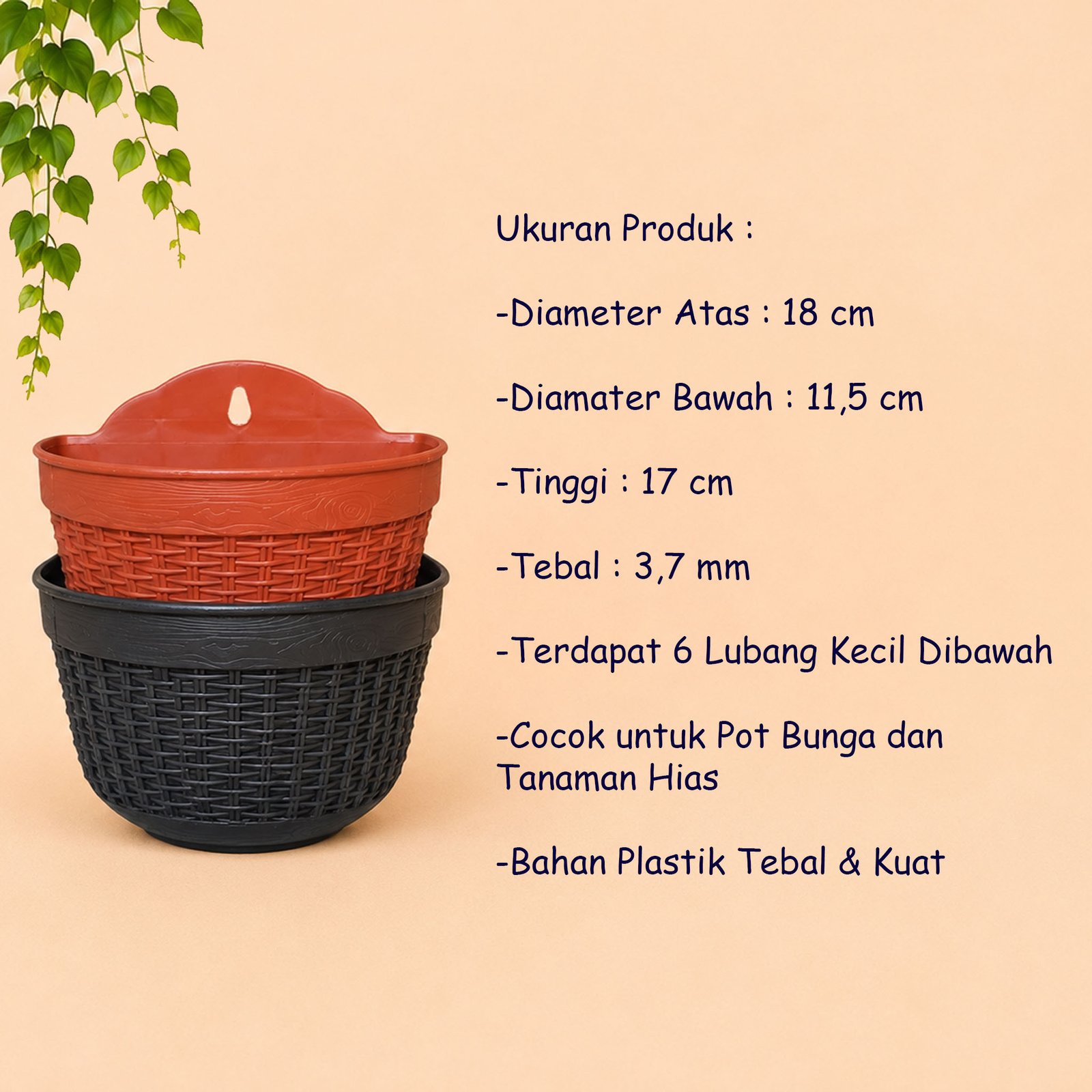 CJP Nara 18 Pot Tanaman Tumbuhan Tempel Tembok Dinding Hias Bunga (5518) Hitam Merah Bata Lebar Atas 18 cm Centi meter - Gambar 4
