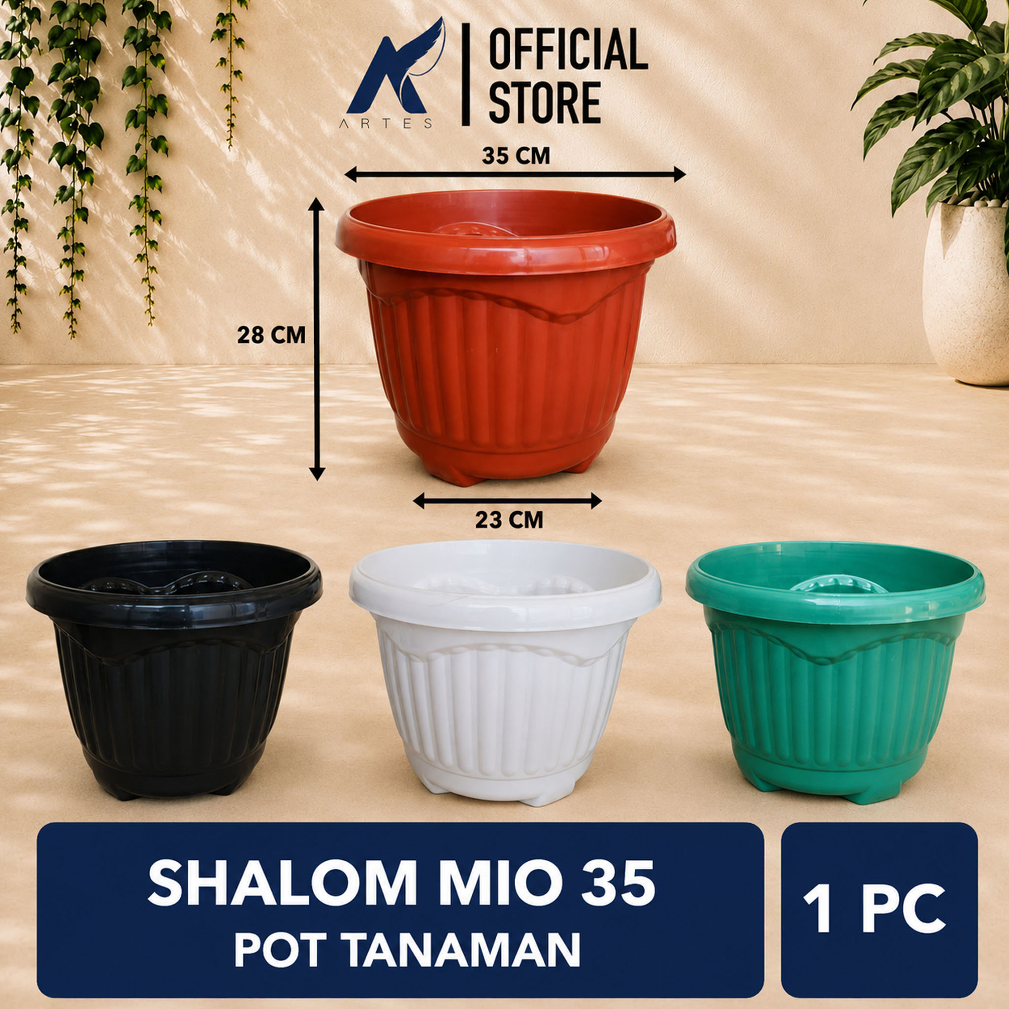 Shalom Mio 35 Pot Tanaman Plastik Hias Hitam Putih Hijau Merah Bata Diameter Atas 35 cm Centi meter