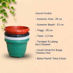 Shalom Mio 35 Pot Tanaman Plastik Hias Hitam Putih Hijau Merah Bata Diameter Atas 35 cm Centi meter - Gambar 4