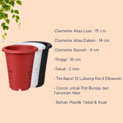 Yogap Bulat 13 Pot Tanaman (YPB13) Plastik Tumbuhan Hias Bunga Daun Putih Hitam merah Bata Diameter Atas 15 cm Centi meter - Gambar 4