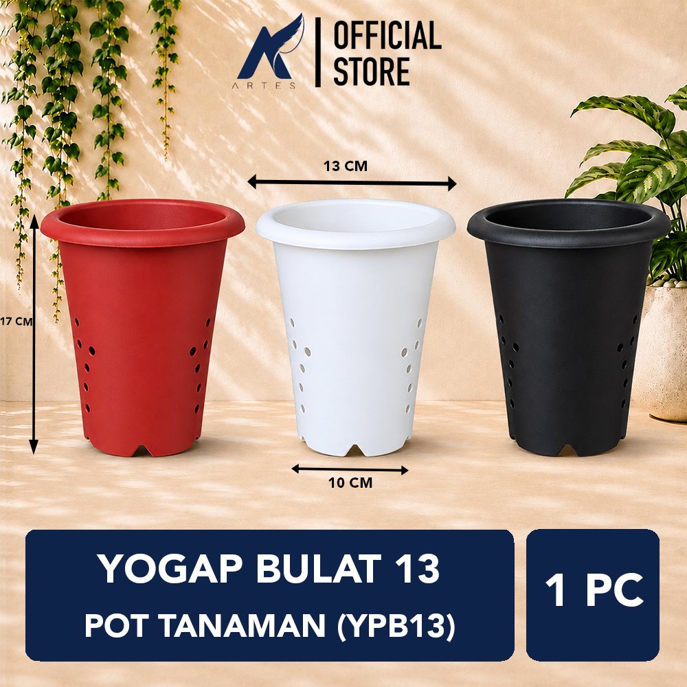 Yogap Bulat 13 Pot Tanaman (YPB13) Plastik Tumbuhan Hias Bunga Daun Putih Hitam merah Bata Diameter Atas 13 cm Centi meter