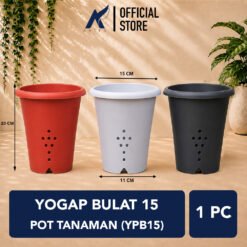 Yogap Bulat 15 Pot Tanaman (YPB15) Plastik Tumbuhan Hias Bunga Daun Putih Hitam merah Bata Diameter Atas 15 cm Centi meter