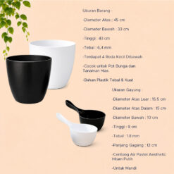 LOVENIA KERAMIK 60 POT TANAMAN Plastik Tumbuhan Bak Mandi Hias Bunga Daun Gayung Diameter Atas 45 cm Centi meter Putih Hitam - Gambar 4