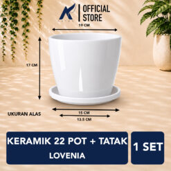 Lovenia Keramik 22 Pot + Tatak Tanaman Alas Plastik Tumbuhan Bak Mandi Hias Bunga Daun Putih Diameter Atas 19 Cm Centi Meter