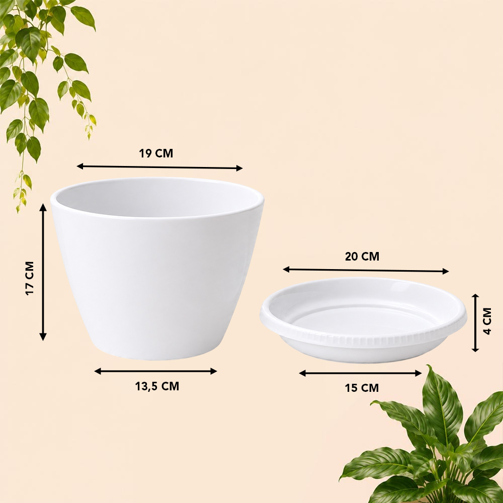 Lovenia Keramik 22 Pot + Tatak Tanaman Alas Plastik Tumbuhan Bak Mandi Hias Bunga Daun Putih Diameter Atas 19 Cm Centi Meter - Gambar 3