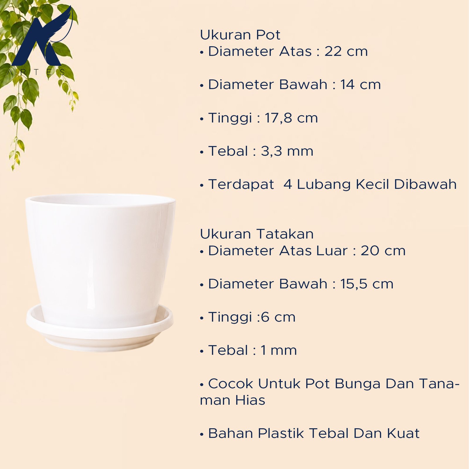 Lovenia Keramik 22 Pot + Tatak Tanaman Alas Plastik Tumbuhan Bak Mandi Hias Bunga Daun Putih Diameter Atas 22 Cm Centi Meter - Gambar 4