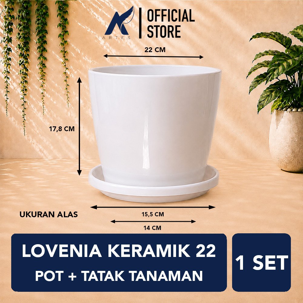 Lovenia Keramik 22 Pot + Tatak Tanaman Alas Plastik Tumbuhan Bak Mandi Hias Bunga Daun Putih Diameter Atas 22 Cm Centi Meter