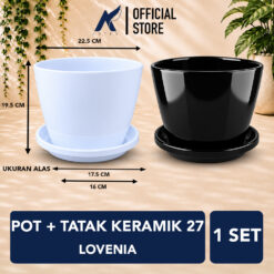 LOVENIA KERAMIK 27 Pot + Tatak Tanaman Alas Plastik Tumbuhan Bak Mandi Hias Bunga Daun Putih Diameter Atas 22.5 cm Centi meter