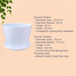 LOVENIA KERAMIK 27 Pot + Tatak Tanaman Alas Plastik Tumbuhan Bak Mandi Hias Bunga Daun Putih Diameter Atas 22.5 cm Centi meter - Gambar 4