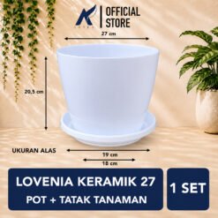 Pot + Tatak Tanaman Alas Plastik Tumbuhan Bak Mandi Hias Bunga Daun Putih Diameter Atas 22 cm Centi meter