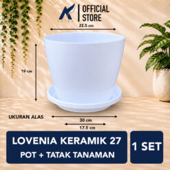 LOVENIA KERAMIK 27 Pot + Tatak Tanaman Alas Plastik Tumbuhan Bak Mandi Hias Bunga Daun Putih Diameter Atas 22.5 cm Centi meter