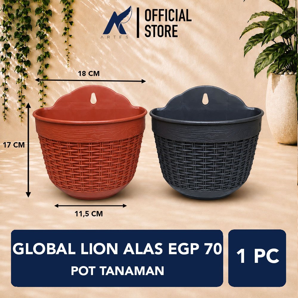 CJP Nara 18 Pot Tanaman Tumbuhan Tempel Tembok Dinding Hias Bunga (5518) Hitam Merah Bata Lebar Atas 18 cm Centi meter