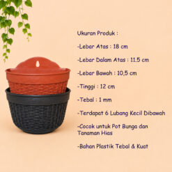 CJP Nara 18 Pot Tanaman Tumbuhan Tempel Tembok Dinding Hias Bunga (5518) Hitam Merah Bata Lebar Atas 18 cm Centi meter - Gambar 4