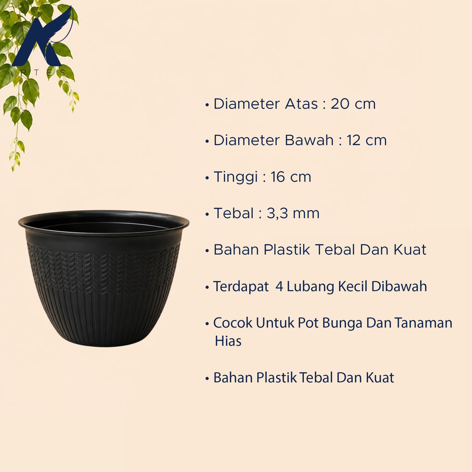 CJP Padi 20 Pot Tanaman Tumbuhan Hias Bunga dll Plastik (9920) Hitam Diameter Atas 20 cm Centi meter - Gambar 2