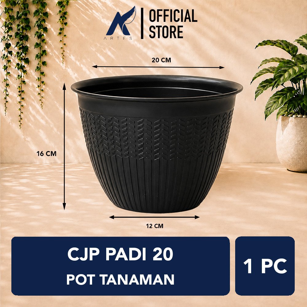 CJP Padi 20 Pot Tanaman Tumbuhan Hias Bunga dll Plastik (9920) Hitam Diameter Atas 20 cm Centi meter