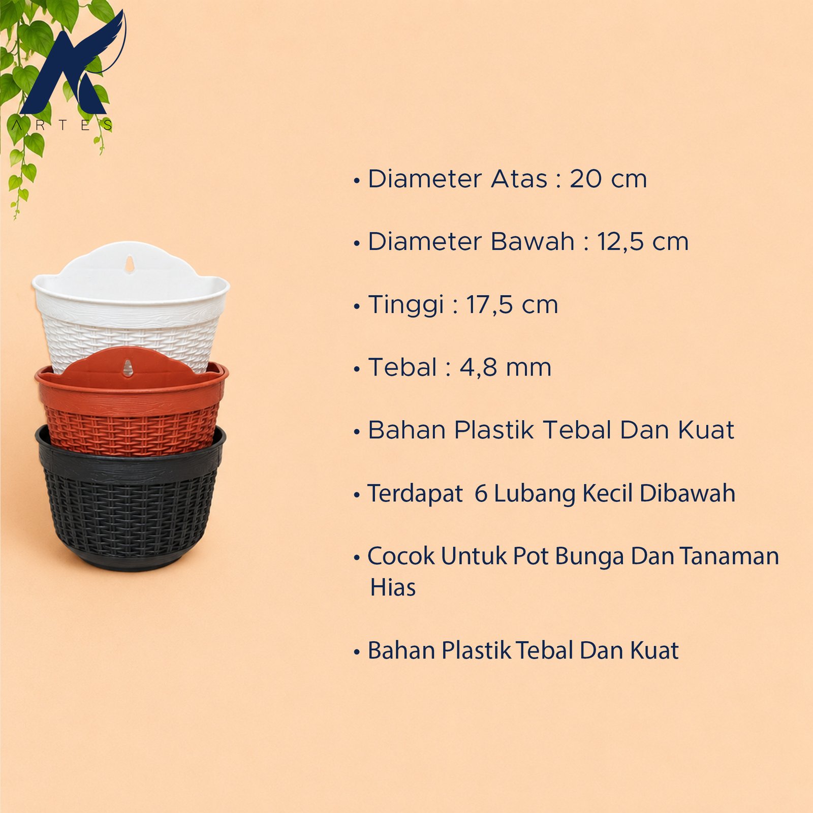 CJP Nara 20 Pot Tanaman Tumbuhan Tempel Tembok Dinding Hias Bunga (5520) Hitam Merah Bata Lebar Atas 20 cm Centi meter - Gambar 4