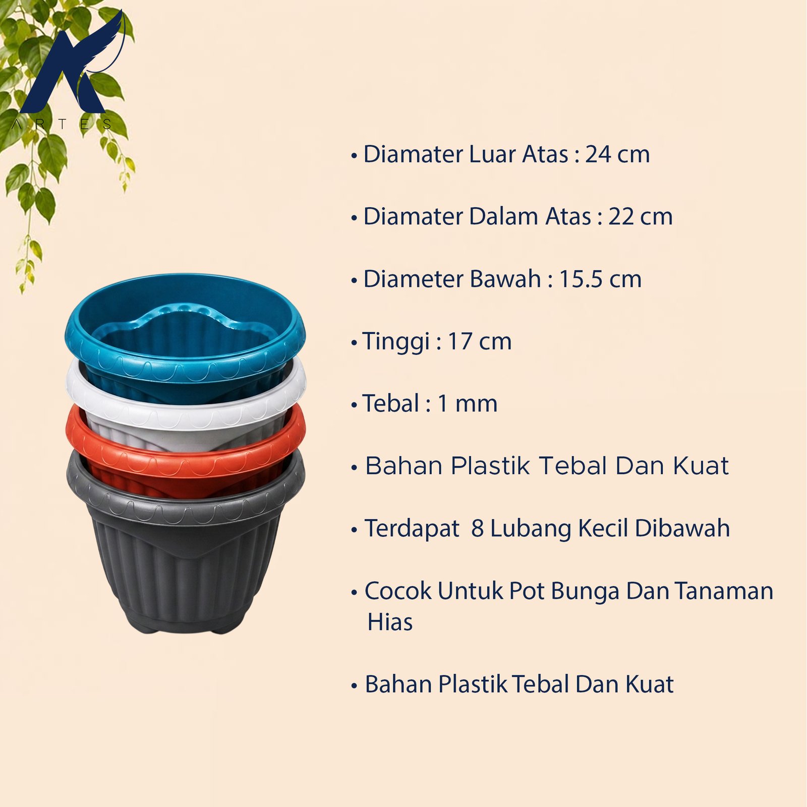 Shalom Mio 25 Pot Tanaman Plastik Tumbuhan Hias Bunga Daun Hitam Putih Hijau Merah Bata Diameter Atas 24 cm Centi meter - Gambar 4