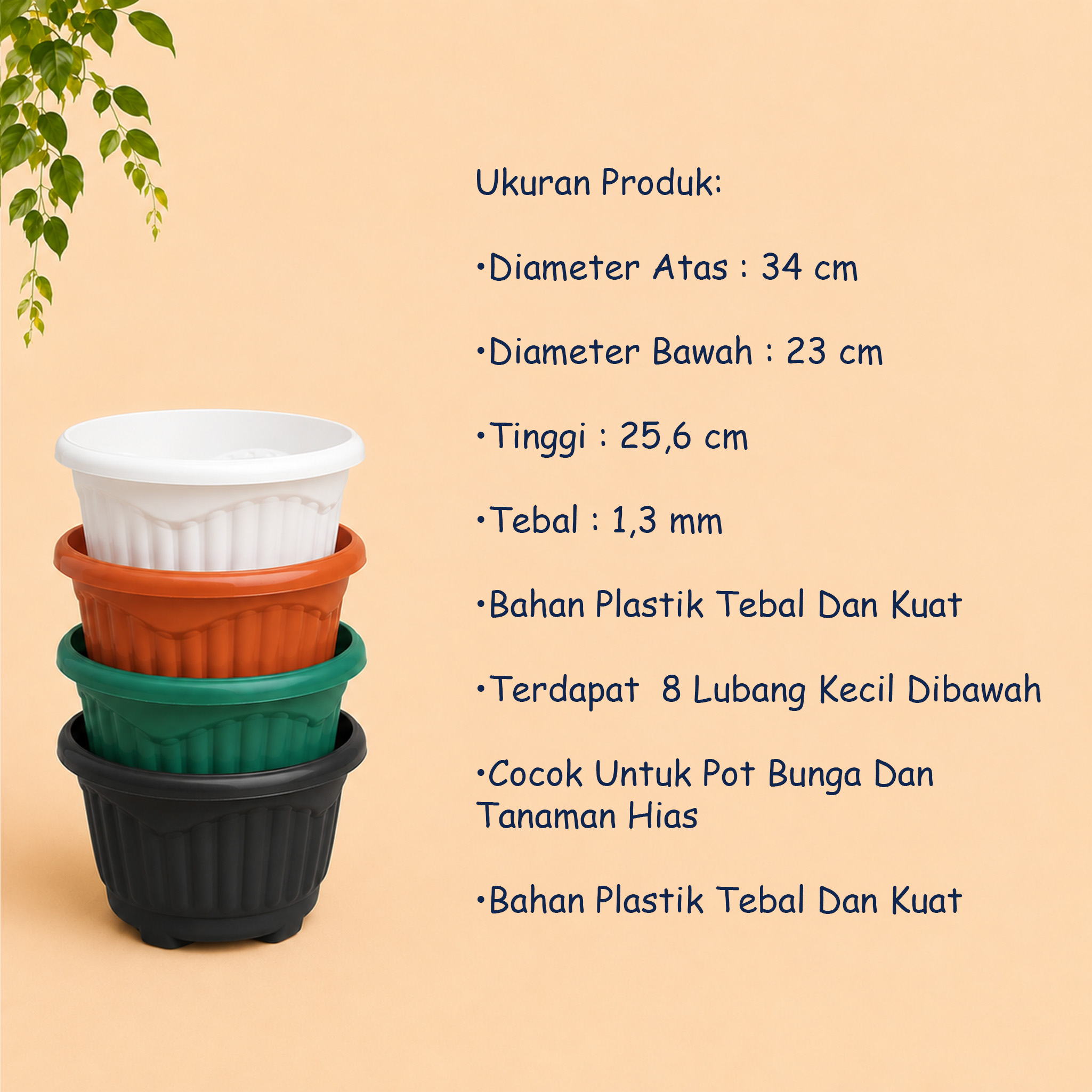 Shalom Mio 35 Pot Tanaman Plastik Hias Hitam Putih Hijau Merah Bata Diameter Atas 34 cm Centi meter - Gambar 4