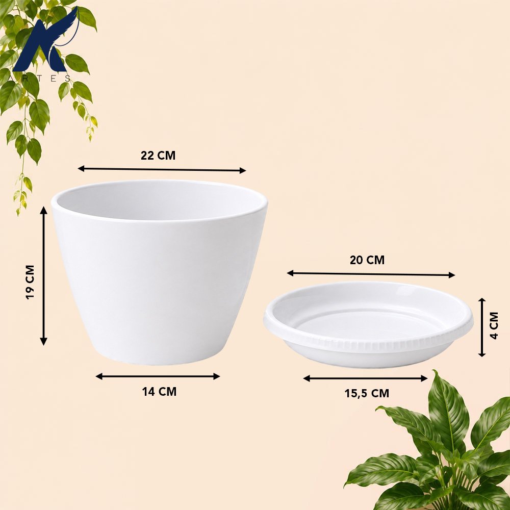 Lovenia Keramik 22 Pot + Tatak Tanaman Alas Plastik Tumbuhan Bak Mandi Hias Bunga Daun Putih Diameter Atas 22 Cm Centi Meter - Gambar 2