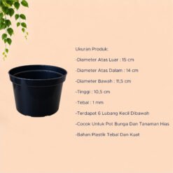 JT PLAST POLOS 17 POT TANAMAN Plastik Tumbuhan Hias Bunga Daun Hitam Diameter Atas 15 cm Centi meter - Gambar 4