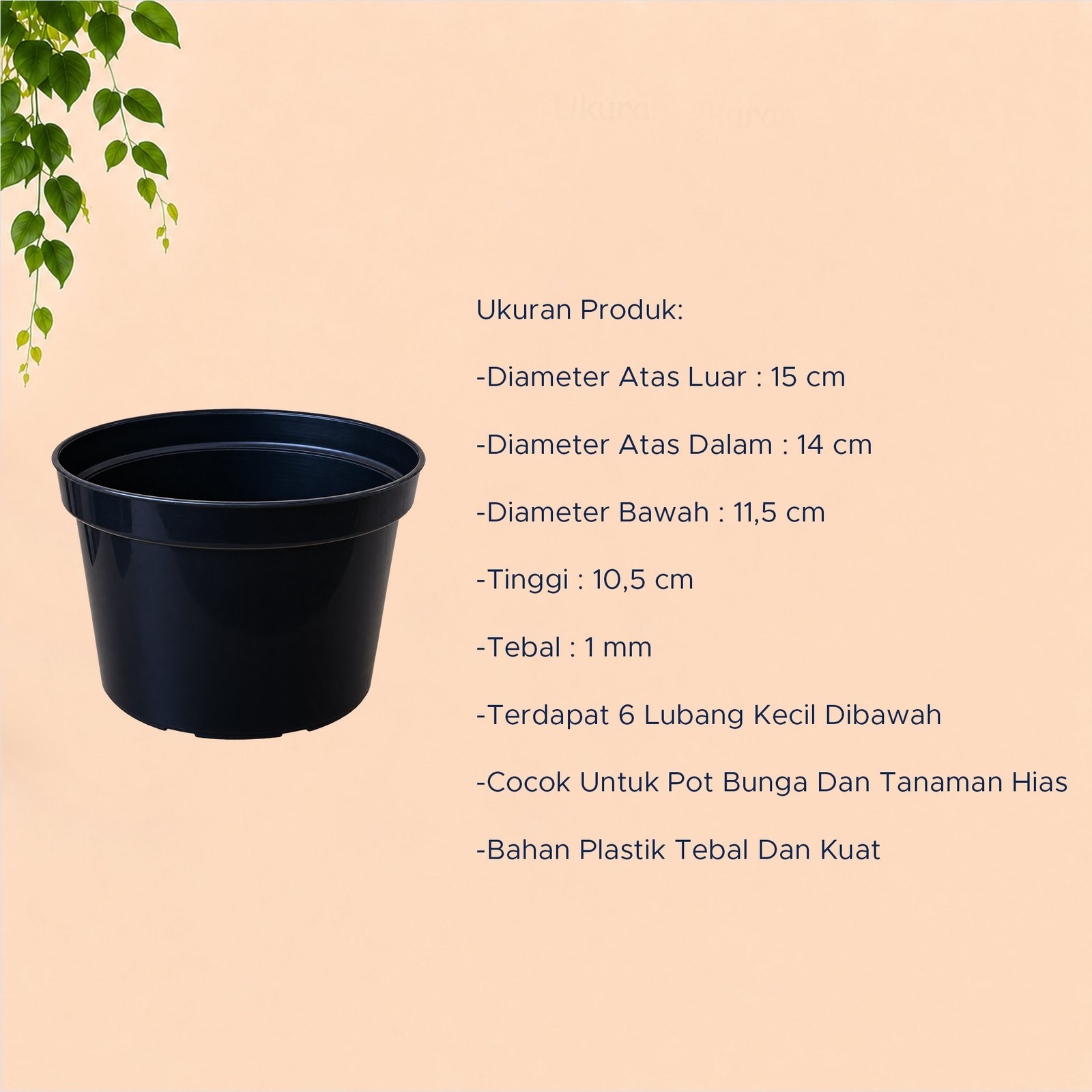 JT PLAST POLOS 17 POT TANAMAN Plastik Tumbuhan Hias Bunga Daun Hitam Diameter Atas 15 cm Centi meter - Gambar 4