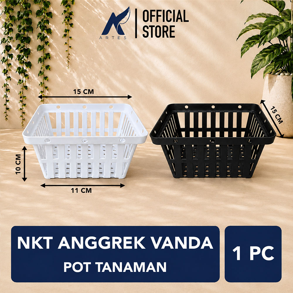 NKT Anggrek Vanda Pot Tanaman Plastik Tumbuhan Hias Bunga Daun Hitam Putih Lebar Atas 15 cm Centi meter