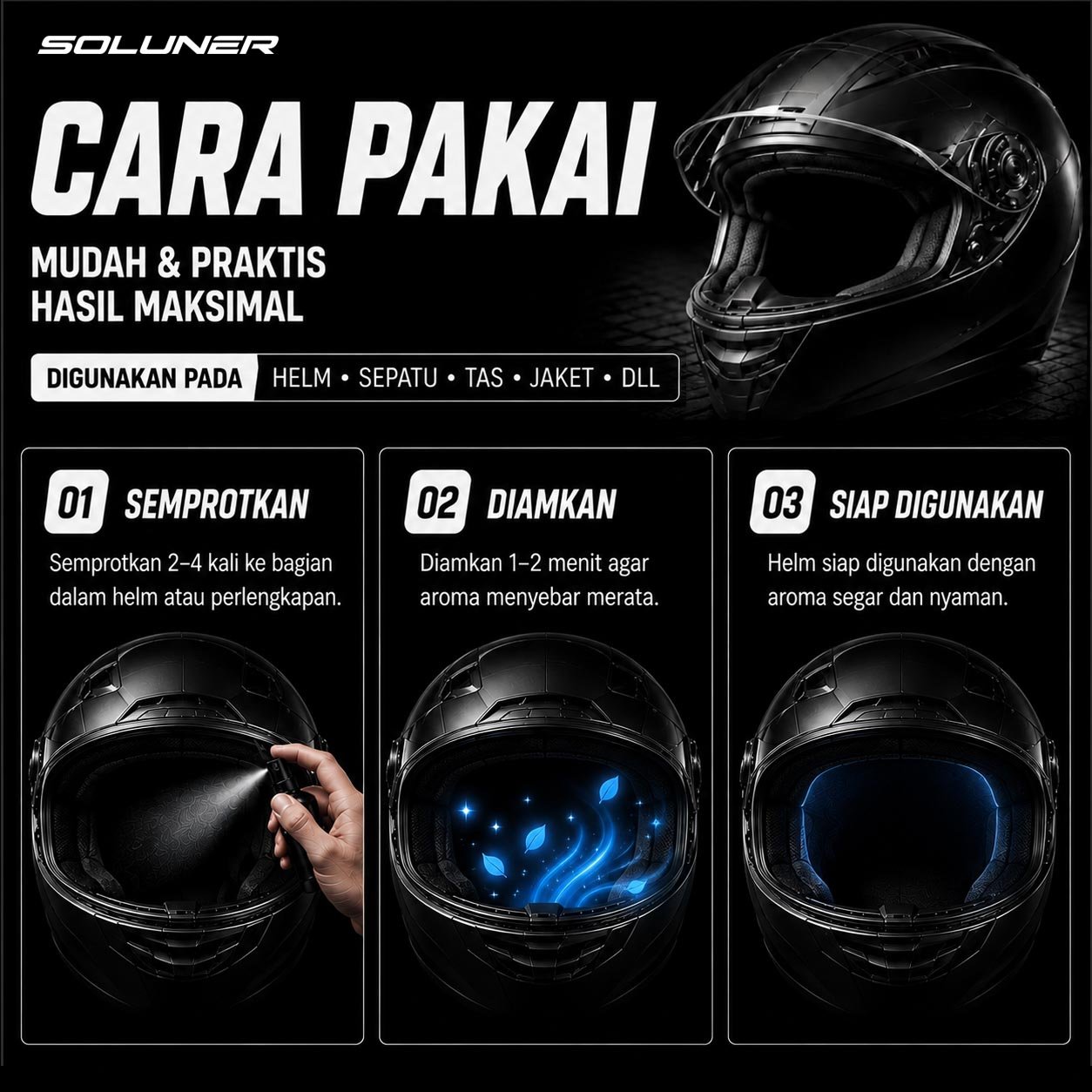SOLUNER AERO FRESH Parfum Helm Helmet Sepatu Jaket Tas Denim Parfume Pengharum Pewangi Refresher Spray Fresh Quick Dry Perawatan Penghilang Anti Bau Bakteri Bacterial - Gambar 4