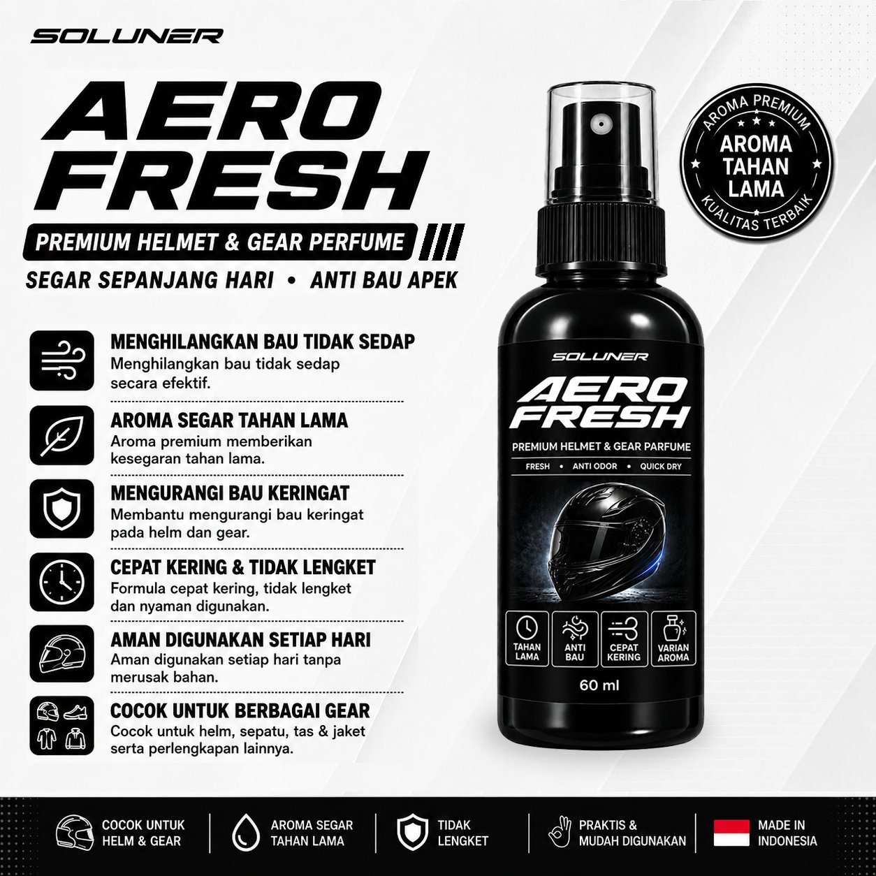 SOLUNER AERO FRESH Parfum Helm Helmet Sepatu Jaket Tas Denim Parfume Pengharum Pewangi Refresher Spray Fresh Quick Dry Perawatan Penghilang Anti Bau Bakteri Bacterial