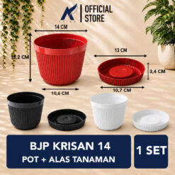 BJP KRISAN 14 Pot + Tatak Tanaman Alas Plastik Tumbuhan Hias Bunga Daun Hitam Merah Bata Diameter Atas 14 cm Centi meter