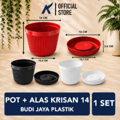 BJP KRISAN 14 Pot + Tatak Tanaman Alas Plastik Tumbuhan Hias Bunga Daun Hitam Merah Bata Diameter Atas 14 cm Centi meter