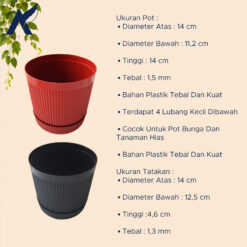 BJP KRISAN 14 Pot + Tatak Tanaman Alas Plastik Tumbuhan Hias Bunga Daun Hitam Merah Bata Diameter Atas 14 cm Centi meter - Gambar 4