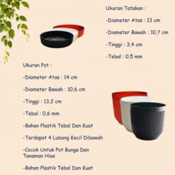 BJP KRISAN 14 Pot + Tatak Tanaman Alas Plastik Tumbuhan Hias Bunga Daun Hitam Merah Bata Diameter Atas 14 cm Centi meter - Gambar 4