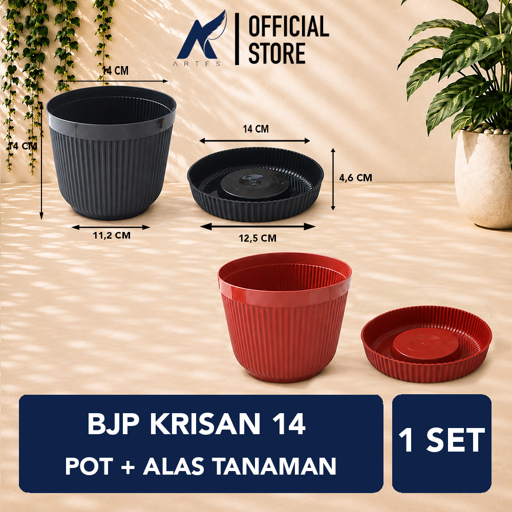 BJP KRISAN 14 Pot + Tatak Tanaman Alas Plastik Tumbuhan Hias Bunga Daun Hitam Merah Bata Diameter Atas 14 cm Centi meter