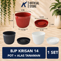 BJP KRISAN 14 Pot + Tatak Tanaman Alas Plastik Tumbuhan Hias Bunga Daun Hitam Merah Bata Diameter Atas 15 cm Centi meter